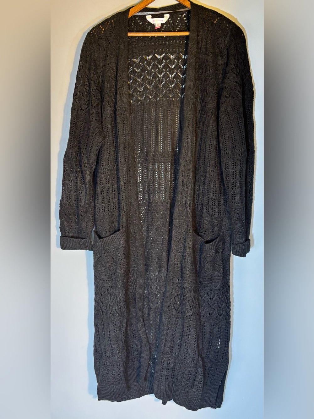 No Boundaries Women’s L (11-13) Long Black Open-Front Knit Duster Cardigan